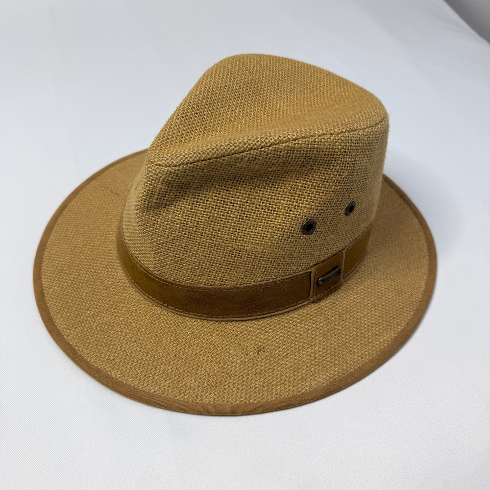 STETSON Linen Fedora Hat Size Med Safari Outback Khaki Tan Wide Brim